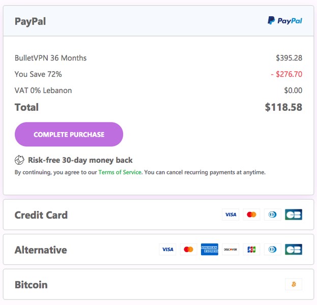 BulletVPN Payment Methods 2