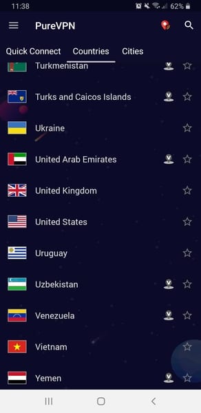 PureVPN Android Countries