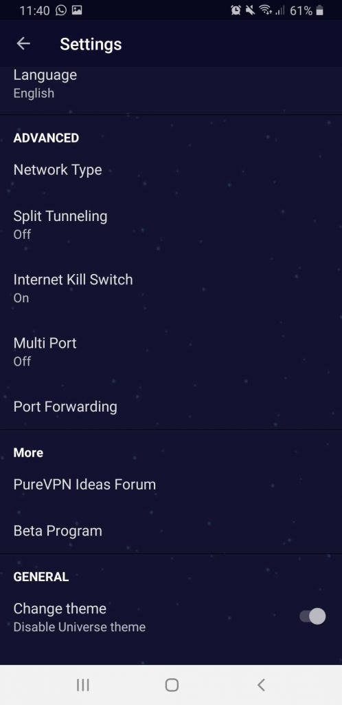 PureVPN Settings on Android