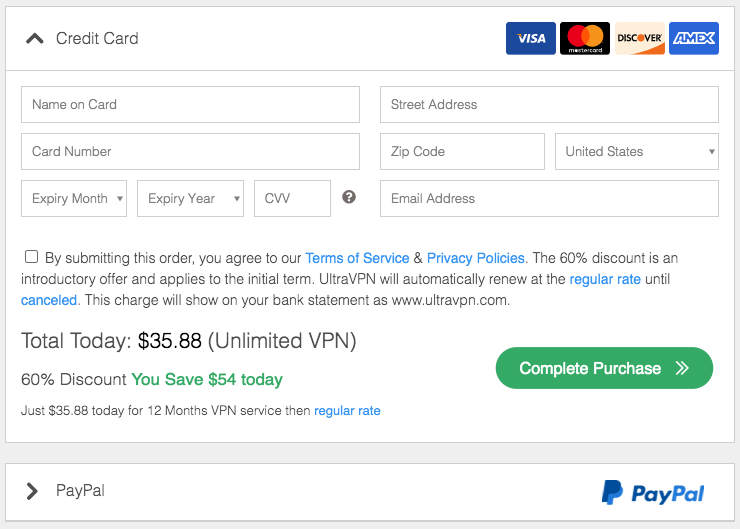 UltraVPN Payment Method with Credit Card