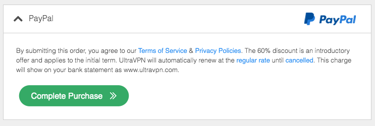UltraVPN Payment Method PayPal