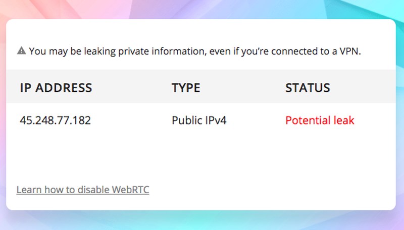 VPNArea WebRTC Leak Test