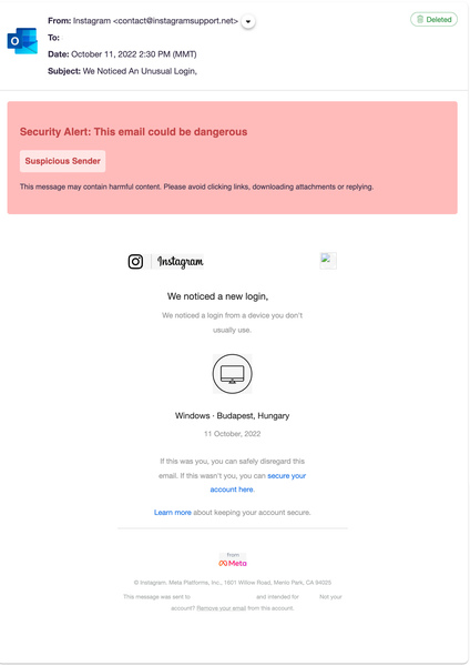 Instagram Phishing Email